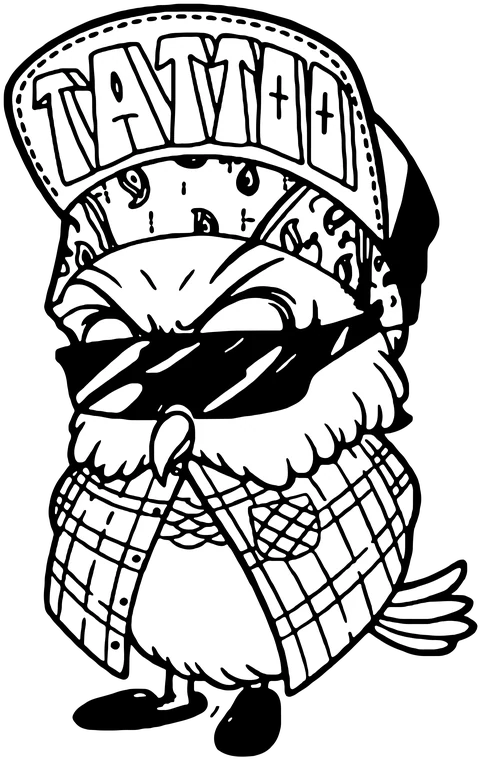 Mascote da Underground Tattoo: pardal de boné TATTOO e óculos escuros